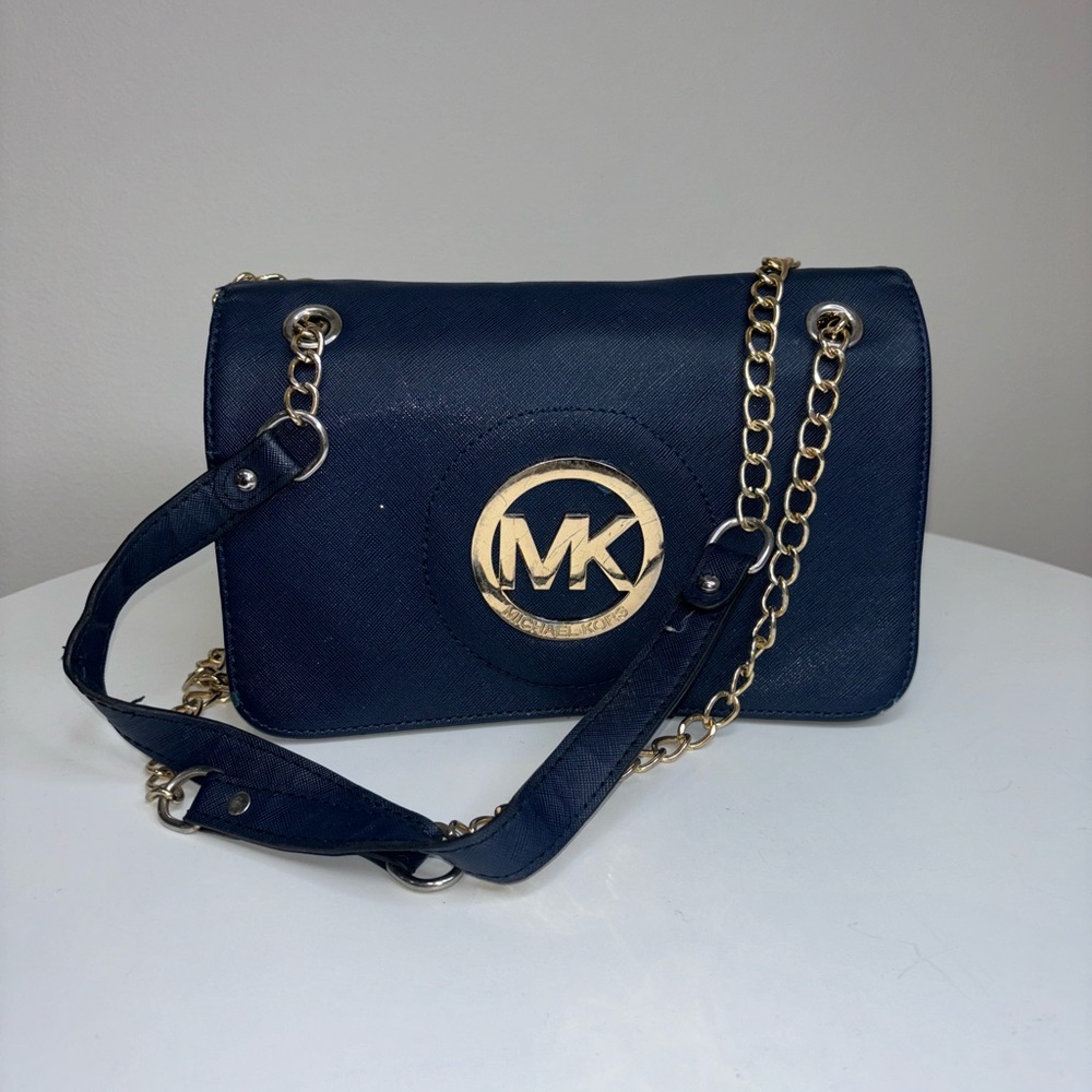 Michael Kors Dark Blue Crossbody Bag with Gold Accents